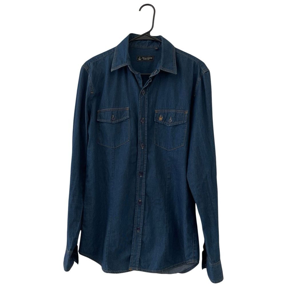 MACSON‎ shirt Men's Medium Blue Denim Chambray Button-up Made In Spain READ